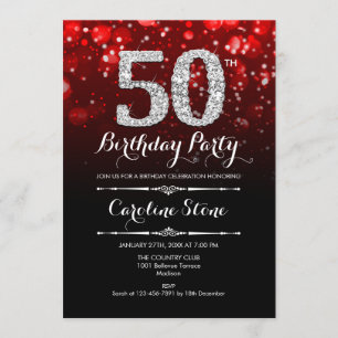 50th Birthday - Red Black Silver Invitation