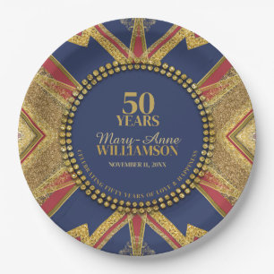 50th Birthday Red Blue Gold Geometry Paper Plate