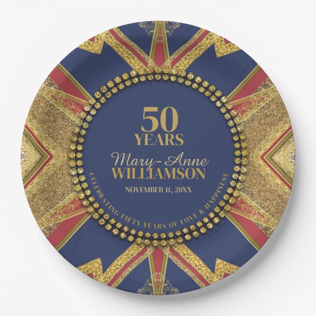 50th Birthday Red Blue Gold Geometry Paper Plate (Front)