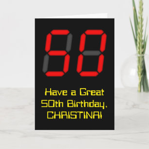 50th Birthday: Red Digital Clock Style "50" + Name Card