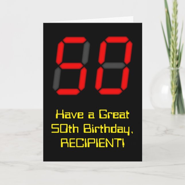 50th Birthday: Red Digital Clock Style "50" + Name Card (Front)