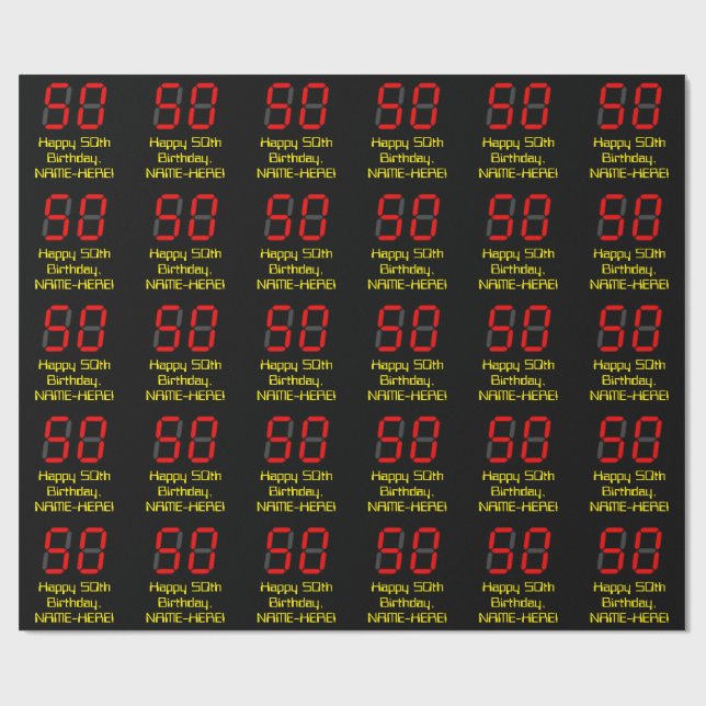 50th Birthday: Red Digital Clock Style "50" + Name Wrapping Paper (Flat)