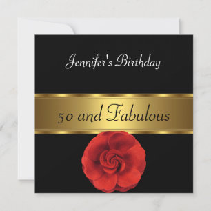 50th birthday Red Flower Black Gold Fabulous Invitation