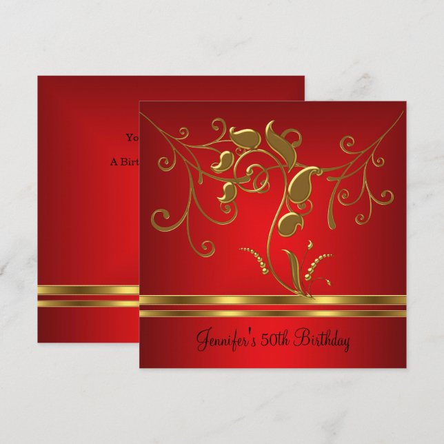 50th Birthday Red Gold Black floral Jewel Invitation (Front/Back)