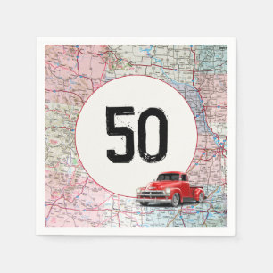 50th Birthday Red Retro Truck on Road Map  Napkin