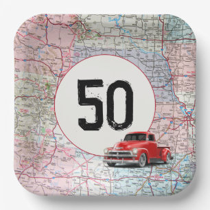 50th Birthday Red Retro Truck on Road Map  Paper Plate