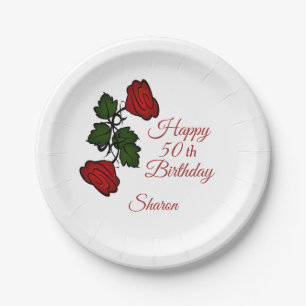50th Birthday Red Rose Paper Plate