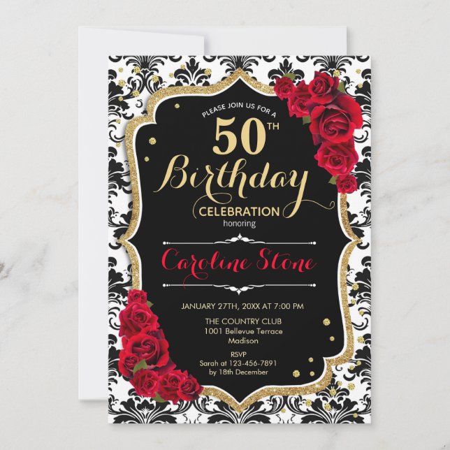 50th Birthday - Red Roses Gold Black Damask Invitation (Front)