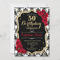 50th Birthday - Red Roses Gold Black Damask