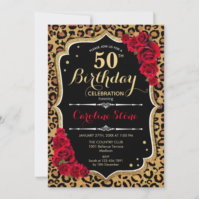 50th Birthday - Red Roses Leopard Print Invitation (Front)