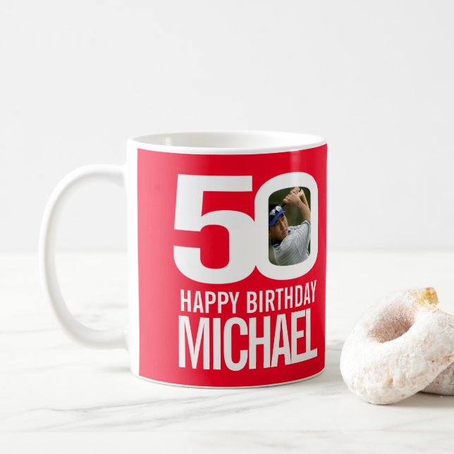 50th birthday red white custom photo name coffee mug (With Donut)