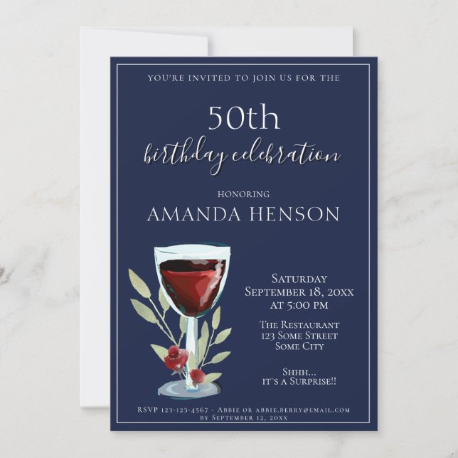50th Birthday Red Wine Navy Blue Party Invitation (Front)