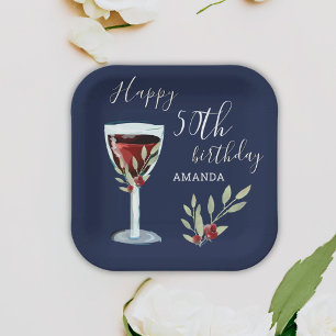 50th Birthday Red Wine Rose Watercolor Navy Blue Paper Plate