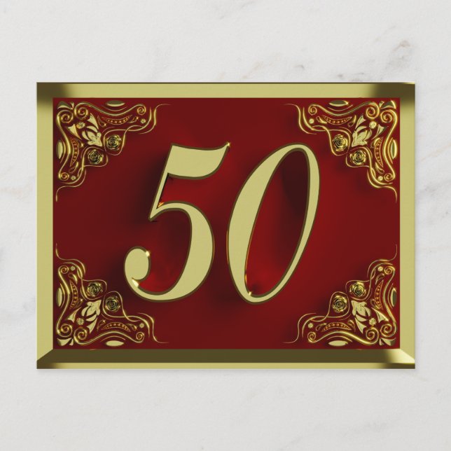 50th Birthday Regal Gold Red Invitation Postcard (Front)