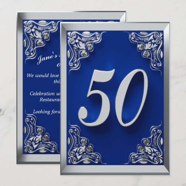 50th Birthday Regal Silver and Blue Invitation (Front/Back)