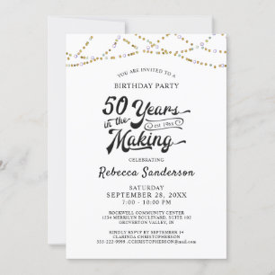 50th Birthday Retro Gold Black String Lights Invitation