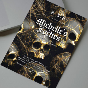 50th Birthday RIP Forties Black Gold Skull Modern  Invitation