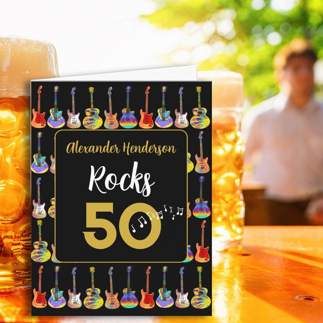 50th birthday Rock and Roll Guitar add Name Card (Cool 50th birthday rock and roll guitar black and gold personalized greetings card)