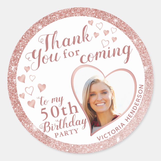 50th Birthday Rose Gold and White Thank You Classic Round Sticker (Front)