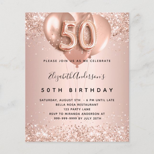 50th birthday rose gold balloons budget invitation flyer (Front)
