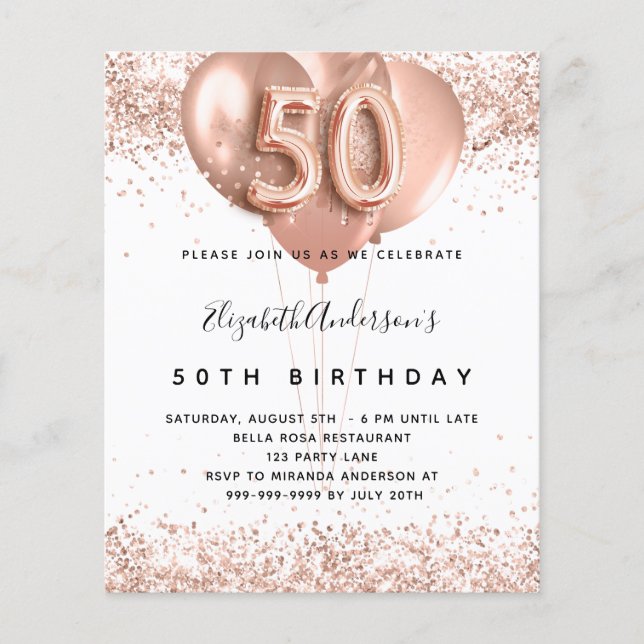 50th birthday rose gold balloons budget invitation flyer (Front)