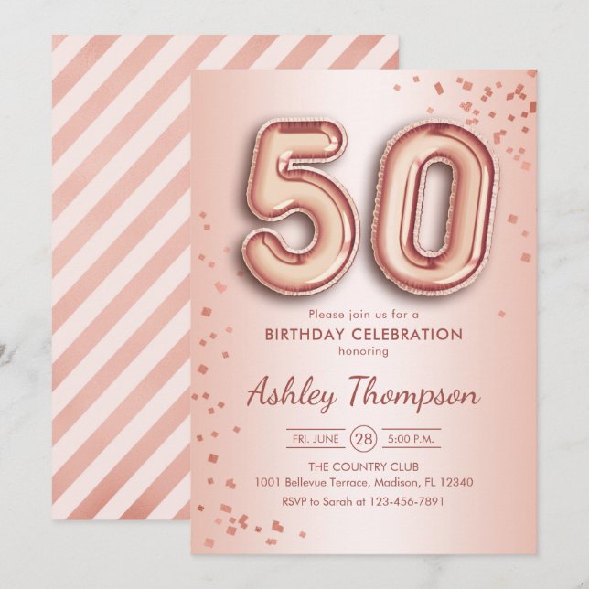 50th Birthday - Rose Gold Balloons Invitation (Front/Back)