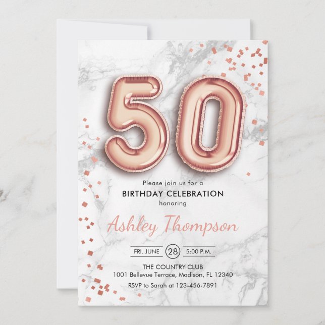 50th Birthday - Rose Gold Balloons Marble Effect Invitation (Front)