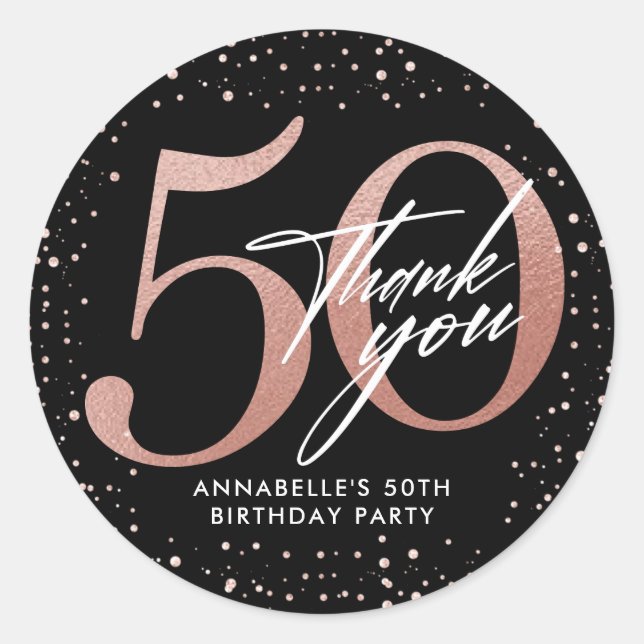 50th Birthday Rose Gold & Black Thank You Classic Round Sticker (Front)