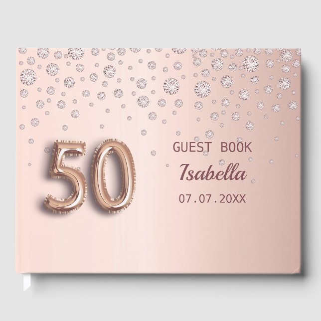 50th birthday rose gold blush diamonds guest book (Front)