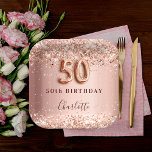 50th birthday rose gold blush glitter name paper plate<br><div class="desc">Elegant, classic, glamourous and girly for a 50th birthday party. Rose gold and blush gradient background. Decorated with rose gold, faux glitter, sparkles. Personalise and add a name. The name is written with a modern dark rose coloured hand lettered style script. Number 50 is written with a balloon style font....</div>