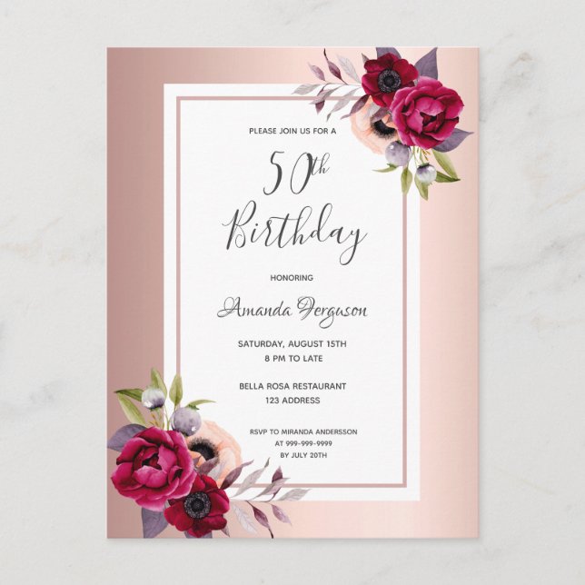 50th birthday rose gold burgundy floral invitation postcard (Front)