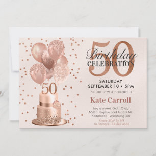 50th Birthday Rose Gold Cake Surprise Party Invitation