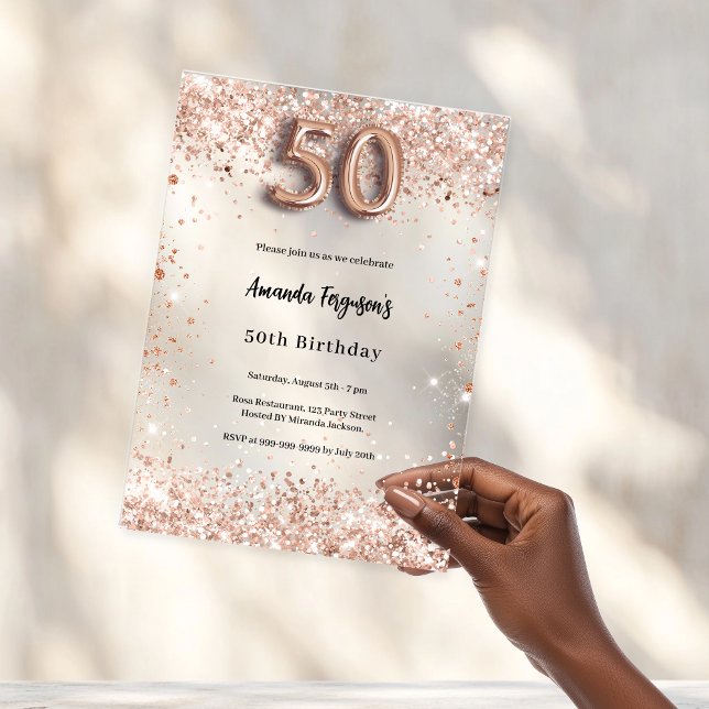 50th birthday rose gold clear party acrylic invitations (Creator Uploaded)
