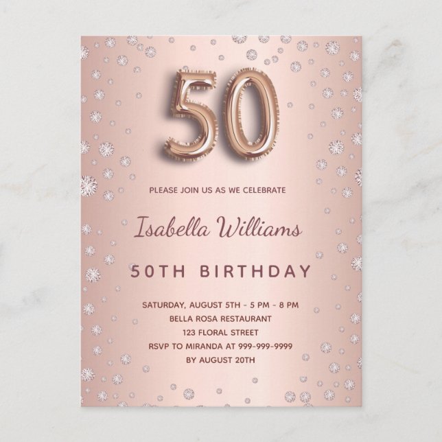 50th birthday rose gold diamonds glam postcard (Front)