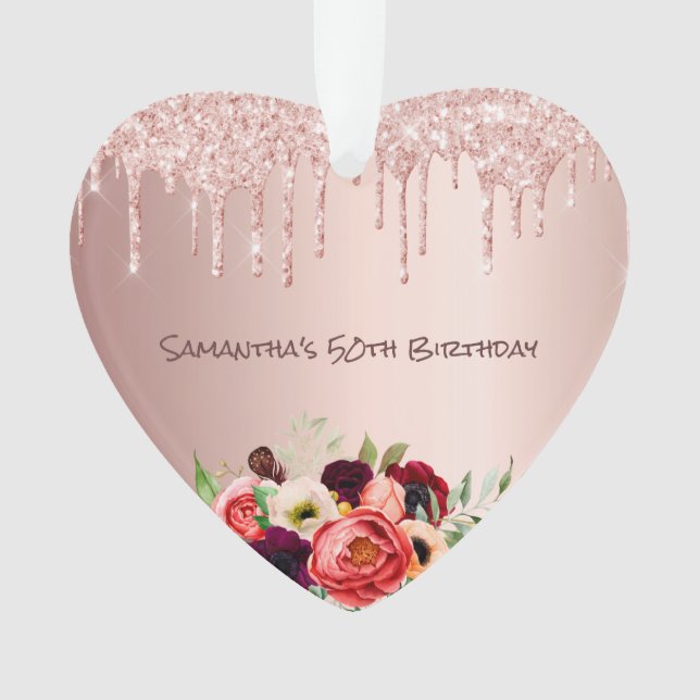 50th birthday rose gold drips pink florals ornament (Front)