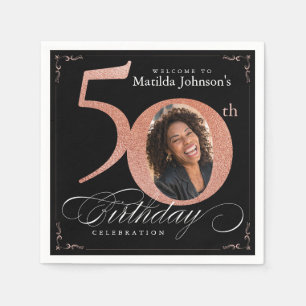 50th Birthday Rose Gold Glitter Black Photo Napkin
