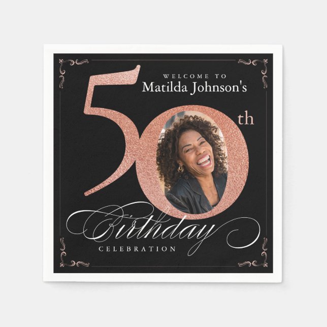 50th Birthday Rose Gold Glitter Black Photo Napkin (Front)