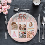 50th birthday rose gold glitter blush silver photo paper plate<br><div class="desc">For a 50th birthday party, celebrating her life with a collage of 6 of your own photos. Personalise and add a name, age 50 and a date. Date of birth or the date of the party. Dark rose gold and black coloured letters. A trendy rose gold coloured background decorated with...</div>