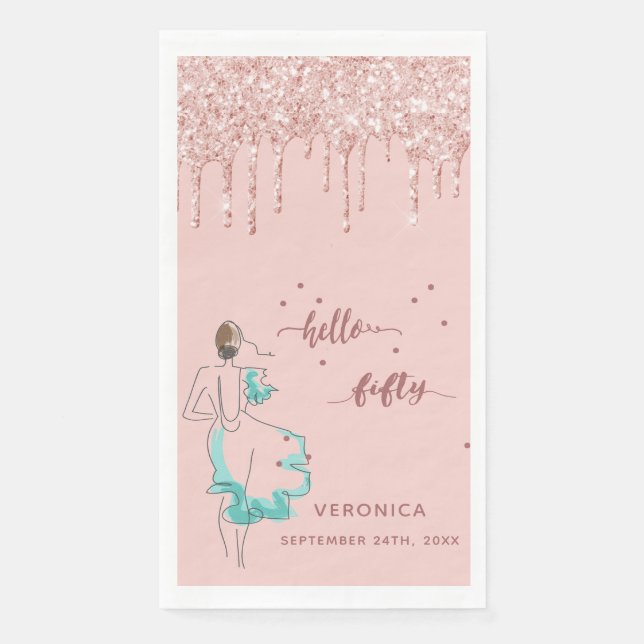 50th birthday rose gold glitter drip hello 50 name napkin (Front)