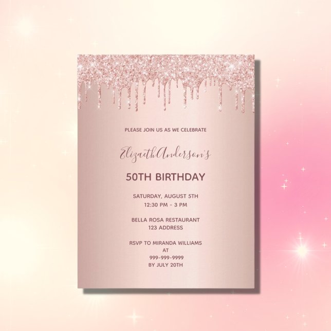 50th birthday rose gold glitter drip invitation postcard (Creator Uploaded)