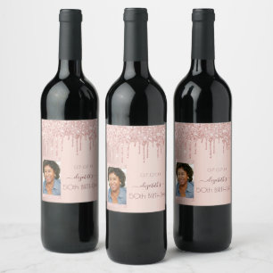 50th birthday rose gold glitter drips photo wine label