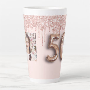 50th birthday rose gold glitter drips pink photo latte mug