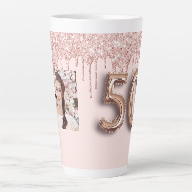 50th birthday rose gold glitter drips pink photo latte mug (Front)