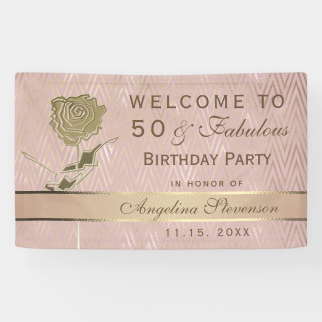 50th Birthday Rose Gold Glitter Flower Banner (Horizontal)