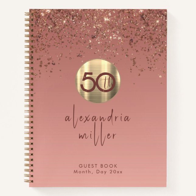 50th Birthday Rose Gold Glitter Guestbook Notebook (Front)
