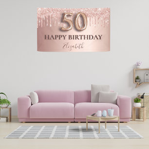 50th birthday rose gold glitter pink balloon style banner
