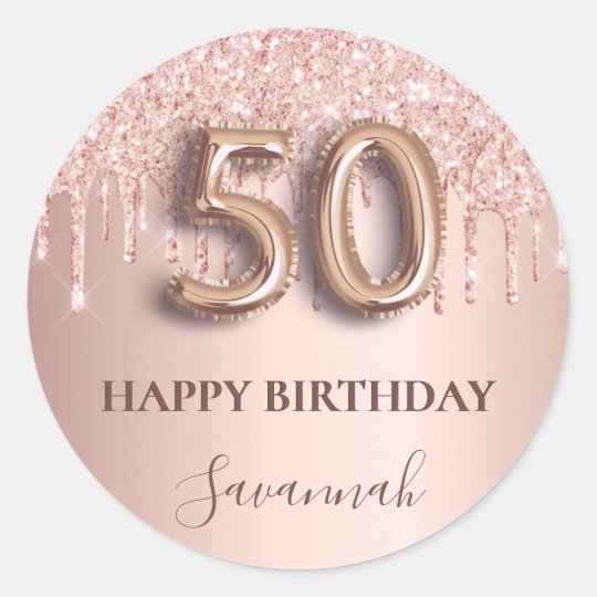 50th Birthday Rose Gold Glitter Pink Balloon Style Classic Round