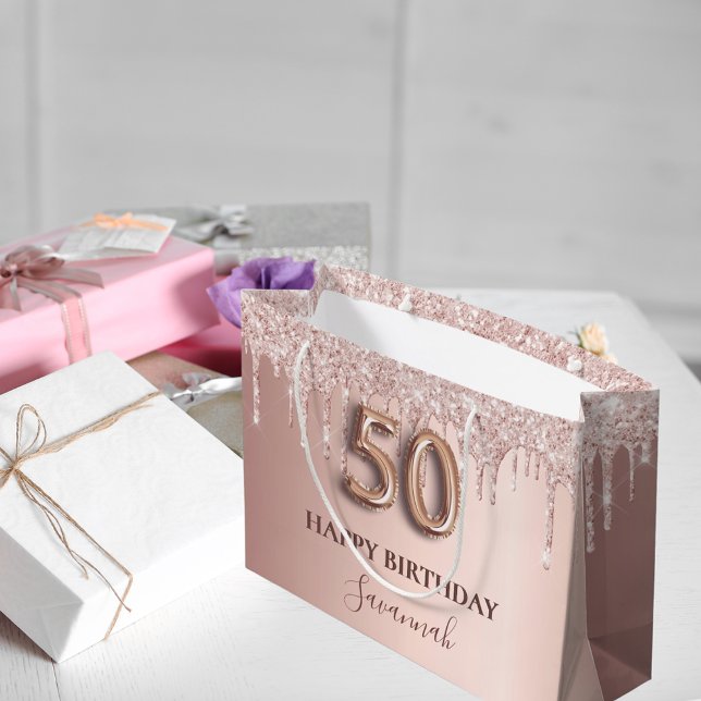 50th birthday rose gold glitter pink balloon style large gift bag (Creator Uploaded)