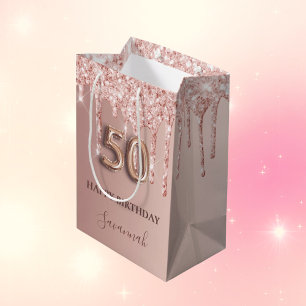 50th birthday rose gold glitter pink balloon style medium gift bag