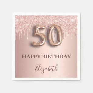 50th birthday rose gold glitter pink balloon style napkin